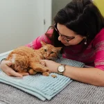 senhora a dar festinhas no seu gato num consultório veterinário